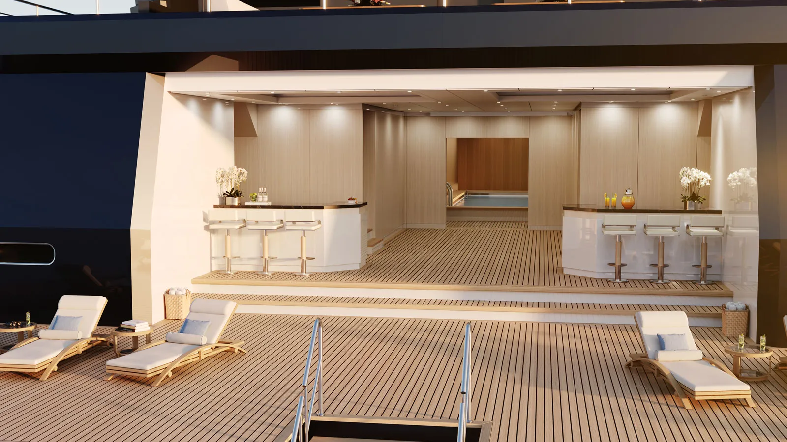 Xplorer 105 yacht stern view showing multi-level decks, sun loungers, and outdoor bar. “Xplorer 105 yacht beach club with indoor pool, twin bars, and sun deck loungers.”