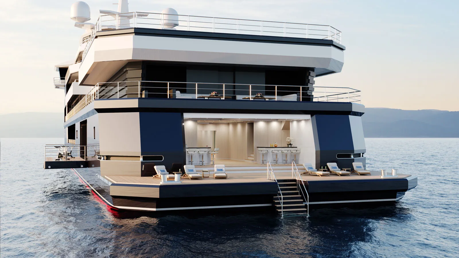 Xplorer 105 yacht stern view showing multi-level decks, sun loungers, and outdoor bar. Xplorer 105 yacht stern view showing multi-level decks, sun loungers, and outdoor bar.