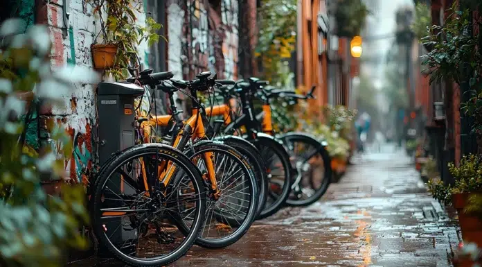 The Conservationist Hunter: Eco-Friendly Hunting with E-bikes E-bikes-parked-on-a-wet-street-in-the-rain