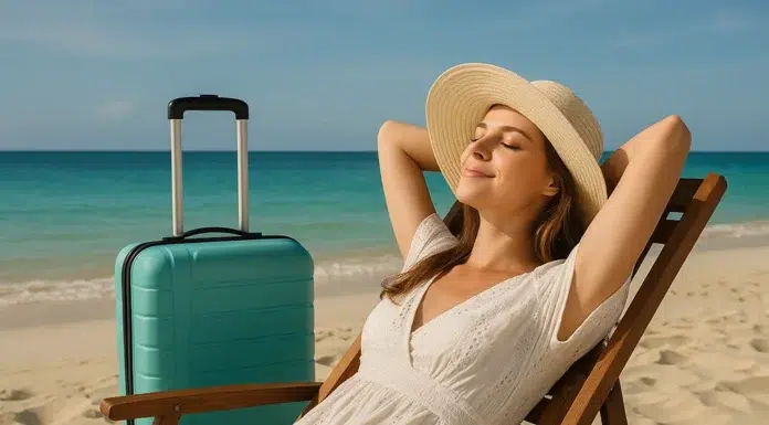 Why Last-Minute Holidays are the best to De-stress Elegant traveler unwinds on a serene tropical beach with a turquoise suitcase beside her, embodying the freedom of a spontaneous last-minute getaway.