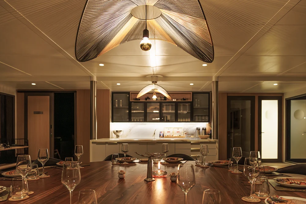 The dining area on board the Pangolin Voyager. Photo courtesy of Pangolin Voyager The dining area on board the Pangolin Voyager. Photo courtesy of Pangolin Voyager