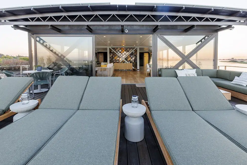 The outside deck with comfortable loungers. Photo courtesy of Pangolin Voyager The outside deck with comfortable loungers. Photo courtesy of Pangolin Voyager