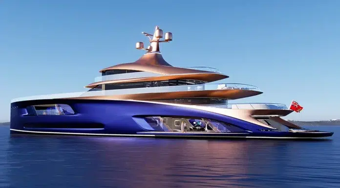 Magnate: Where High-Design Meets High-Function at Sea Full side profile of the Magnate superyacht concept gliding across calm waters, its rose-gold superstructure and deep-blue hull symbolizing the fusion of power and prestige.