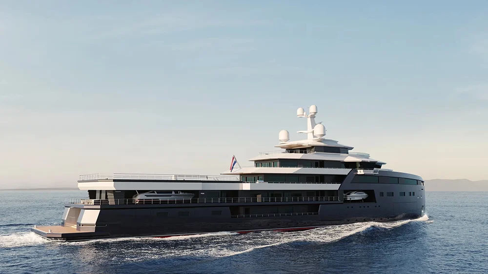 Full profile of Xplorer 105 expedition yacht cruising on open ocean. Full profile of Xplorer 105 expedition yacht cruising on open ocean.