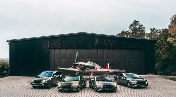 Bentley Prague’s Czech Squadron Tribute Unveiled Bentley Czech Squadron Collection displayed with RAF World War II fighter aircraft in front of airfield hangar