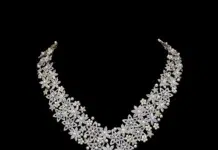 2025’s Most Exquisite Creations, Jewels of Distinction Dior Milly Dentelle high-jewelry necklace inspired by lace and Milly-la-Forêt gardens, set with diamonds, pearls, and sapphires.