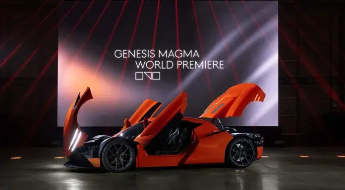 Genesis Magma GT: The New Benchmark in Luxury Performance Genesis Magma GT Concept with its butterfly doors and front bonnet open, revealing motorsport-inspired details at the world premiere event.