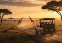 The Ultimate Guide to Luxury Safari Experiences A safari vehicle driving through the savannah with giraffes. Photo vecteezy