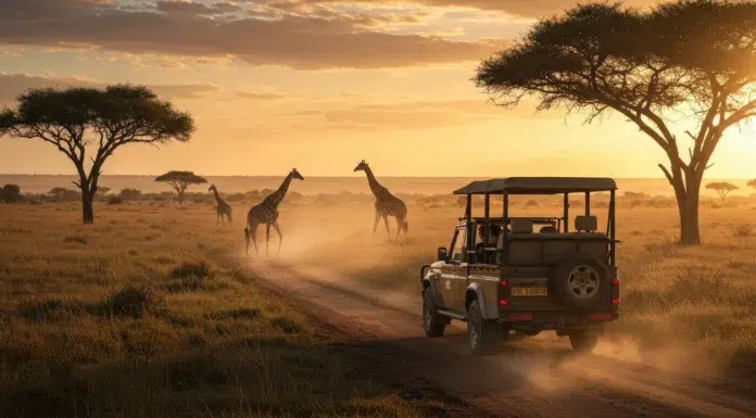 The Ultimate Guide to Luxury Safari Experiences A safari vehicle driving through the savannah with giraffes. Photo vecteezy