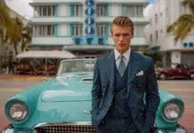 How Miami Dresses After Dark A well-dressed young man standing confidentially in front of a classic car in Miami Beach art deco. Photo vecteezy