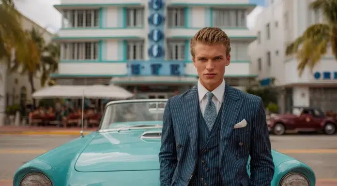 How Miami Dresses After Dark A well-dressed young man standing confidentially in front of a classic car in Miami Beach art deco. Photo vecteezy
