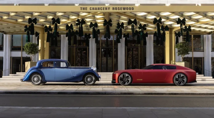 A 1935 Classic Meets Jaguar’s Future in a London Moment Two Classic Jaguar parked outside The Chancery Rosewood London. Photo courtesy of Jaguar