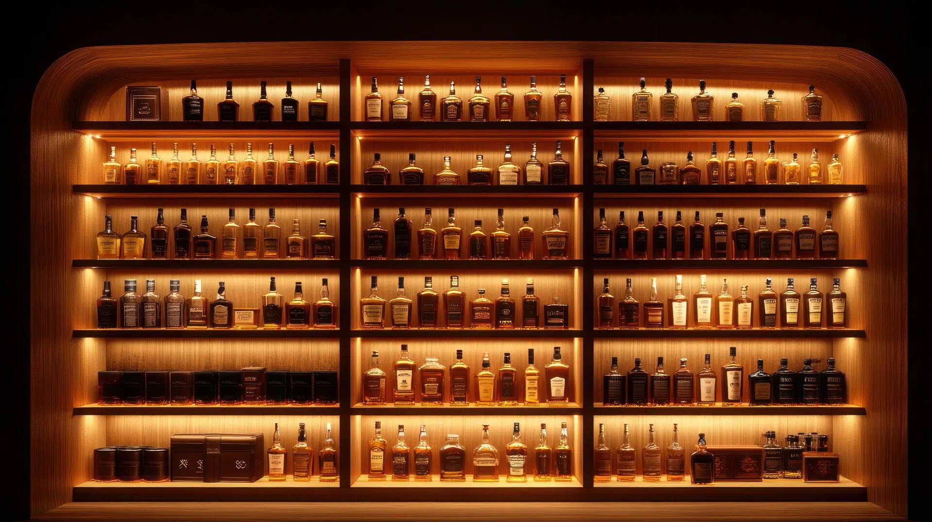 Whisky bottles displayed as part of a curated exhibition installation Whisky bottles displayed as part of a curated exhibition installation