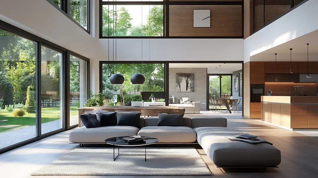 Open-plan living room with expansive windows, true modern interior design. Photo via vecteezy Open-plan living room with expansive windows, true modern interior design. Photo via vecteezy