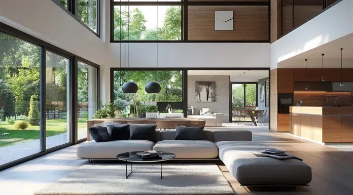 Sculpting Serenity: How Luxe Minimalism is Redefining Modern Interiors Open-plan living room with expansive windows, true modern interior design. Photo via vecteezy