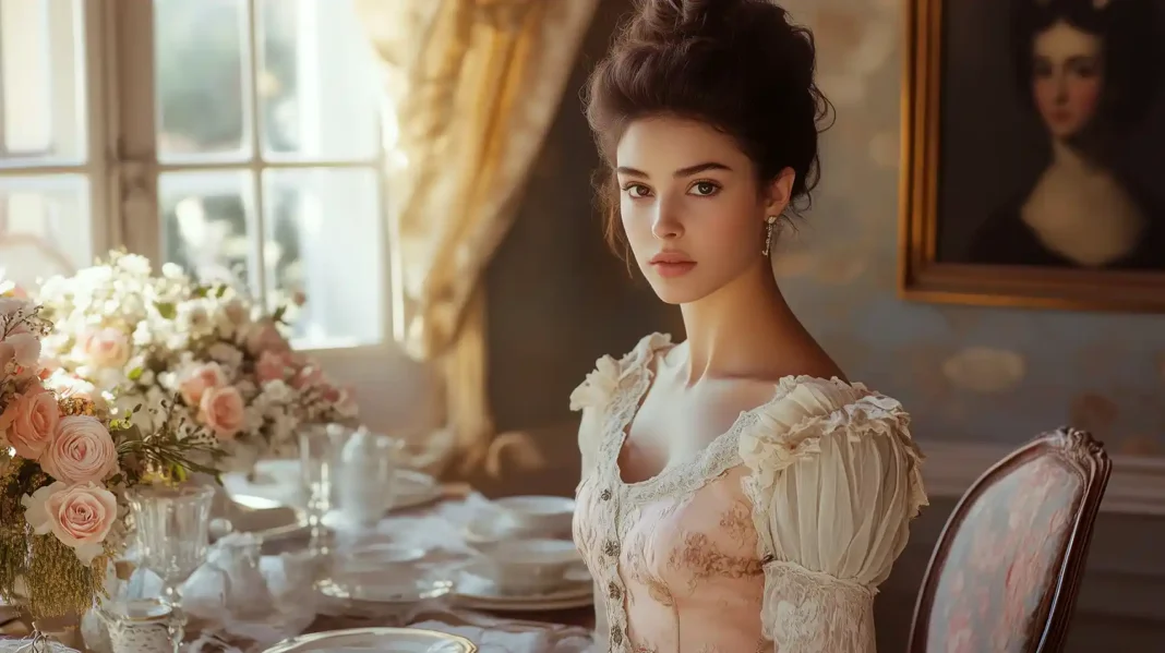 a woman wearing vintage fashion sitting at a table with flowers_vecteezy-medium a woman wearing vintage fashion sitting at a table with flowers_vecteezy-medium