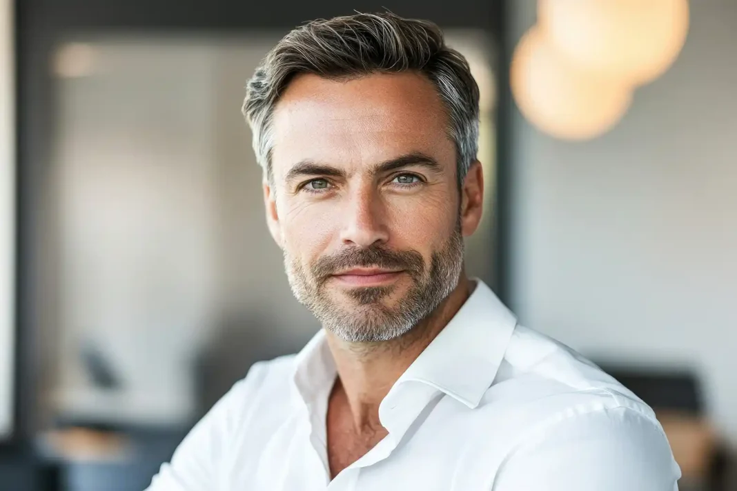 A distiguished men after a non-surgical hair restoration treatment. Photo vecteezy-medium A distiguished men after a non-surgical hair restoration treatment. Photo vecteezy-medium