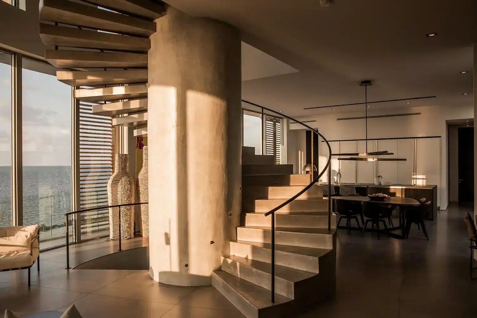 A spiral staircase acts as the joint connection of the home's curvature. Photo credit Ryan Lester, Architecture Sarasota A spiral staircase acts as the joint connection of the home's curvature. Photo credit Ryan Lester, Architecture Sarasota