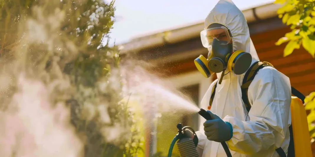 An exterminator fumigating a termite issue at a home. Photo vecteezy-medium An exterminator fumigating a termite issue at a home. Photo vecteezy-medium