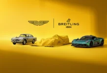 Aston Martin and Breitling Announce New Partnership Aston Martin and Breitling partnership reveal featuring classic DB5 and modern hypercar during collaboration launch.