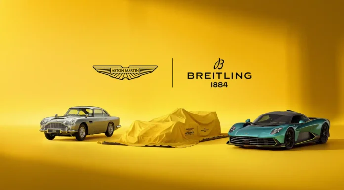 Aston Martin and Breitling Announce New Partnership Aston Martin and Breitling partnership reveal featuring classic DB5 and modern hypercar during collaboration launch.