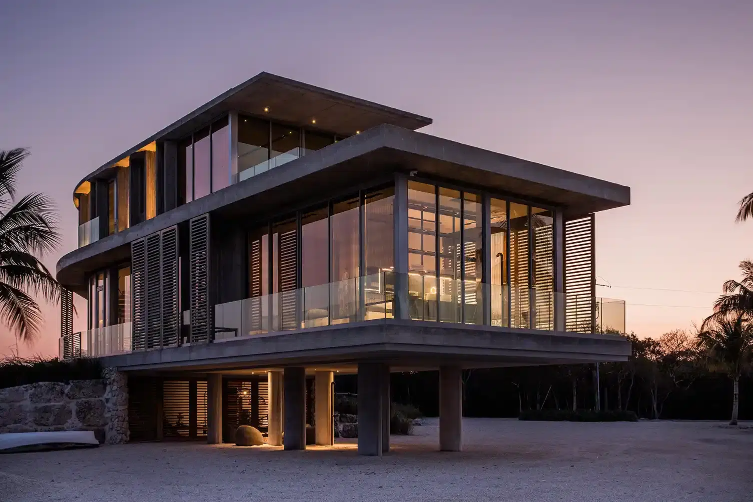 Impact glass is used for the floor-to-ceiling windows, built to withstand hurricane force winds. Photo credit Ryan Lester, Architecture Sarasota Impact glass is used for the floor-to-ceiling windows, built to withstand hurricane force winds. Photo credit Ryan Lester, Architecture Sarasota