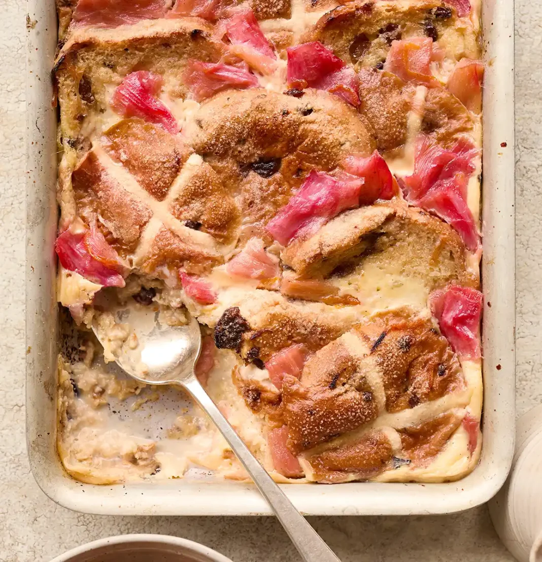 Rhubarb & Custard Hot Cross Bun Pudding. Photo courtesy of Felicity Carter Rhubarb & Custard Hot Cross Bun Pudding. Photo courtesy of Felicity Carter