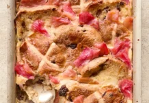 Rhubarb & Custard Hot Cross Bun Pudding Rhubarb & Custard Hot Cross Bun Pudding. Photo courtesy of Felicity Carter