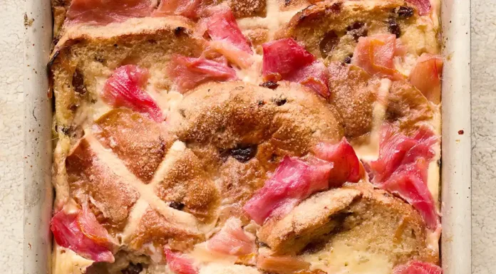Rhubarb & Custard Hot Cross Bun Pudding Rhubarb & Custard Hot Cross Bun Pudding. Photo courtesy of Felicity Carter