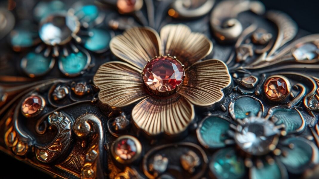 A close-up of an ornate vintage brooch, adorned with intricate engravings and shimmering gems