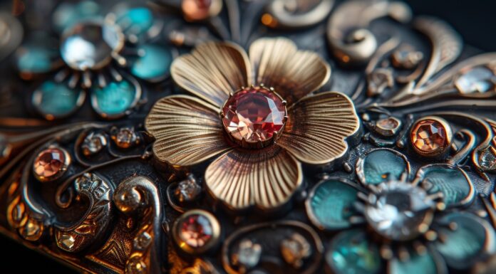 Daily Symbols: Using Objects to Stay Connected to Your Intentions A close-up of an ornate vintage brooch, adorned with intricate engravings and shimmering gems