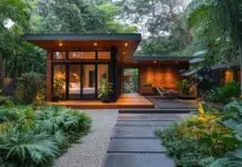 Guest House Remodel Ideas That Turn a Spare Space Into a Summer-Ready Retreat Luxurious home exterior showcasing a perfect blend of modern architecture and tropical landscaping, creating a serene and inviting atmosphere