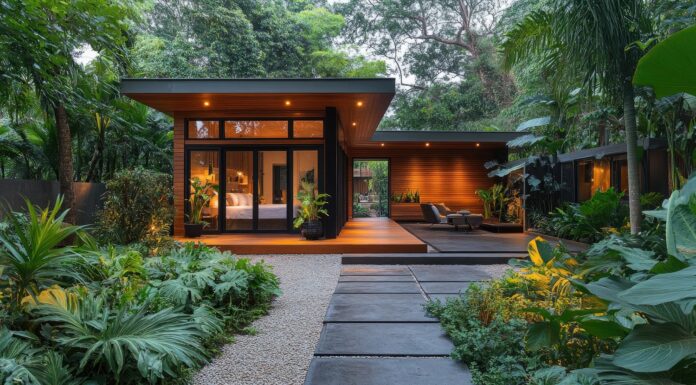Guest House Remodel Ideas That Turn a Spare Space Into a Summer-Ready Retreat Luxurious home exterior showcasing a perfect blend of modern architecture and tropical landscaping, creating a serene and inviting atmosphere