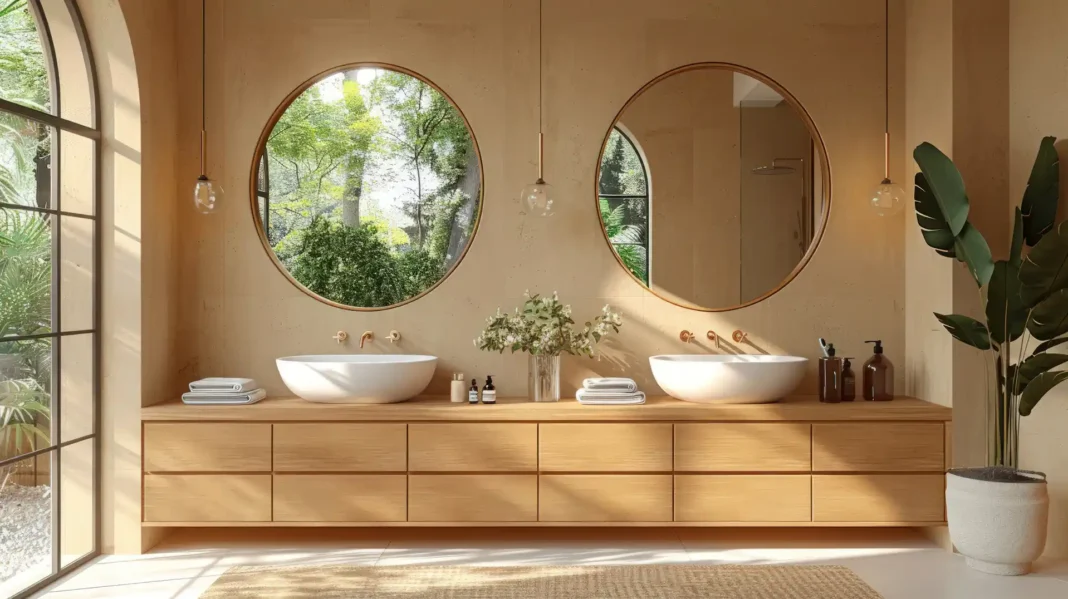 modern white oak double vanity in a bathroom with natural light. Medium-vecteezy modern white oak double vanity in a bathroom with natural light. Medium-vecteezy