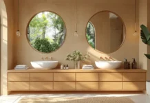 6 Best White Oak Double Vanities That Survive Humid Bathrooms modern white oak double vanity in a bathroom with natural light. Medium-vecteezy