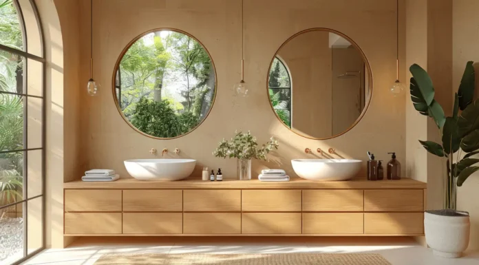 6 Best White Oak Double Vanities That Survive Humid Bathrooms modern white oak double vanity in a bathroom with natural light. Medium-vecteezy