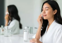 Best Minimalist Skincare Routine for Healthy, Glowing Skin A woman doing her routine skincare for healthy and glowing skin. Vecteezy-medium