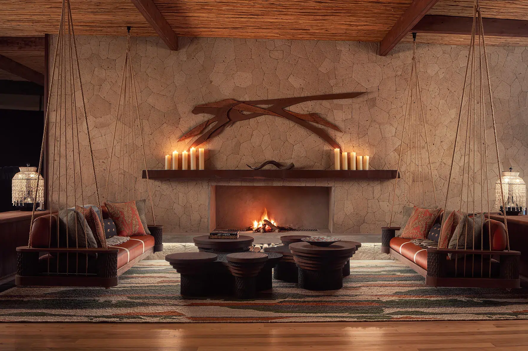 The fireplace in the dining area. Photo courtesy of The Ritz-Carlton, Masai Mara Safari Camp The fireplace in the dining area. Photo courtesy of The Ritz-Carlton, Masai Mara Safari Camp