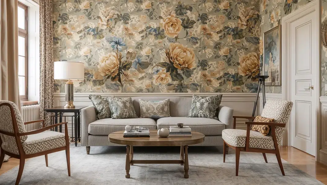Chic living room with botanical wallpaper. Vecteezy-medium Chic living room with botanical wallpaper. Vecteezy-medium