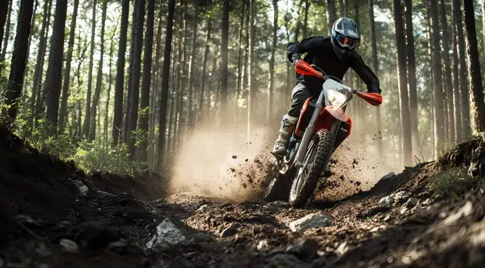 Electric Dirt Bikes Are Becoming a New Tool for Outdoor Exploration Dirt Motor Bike rider driving on dirt road in forest. Vecteezy-medium