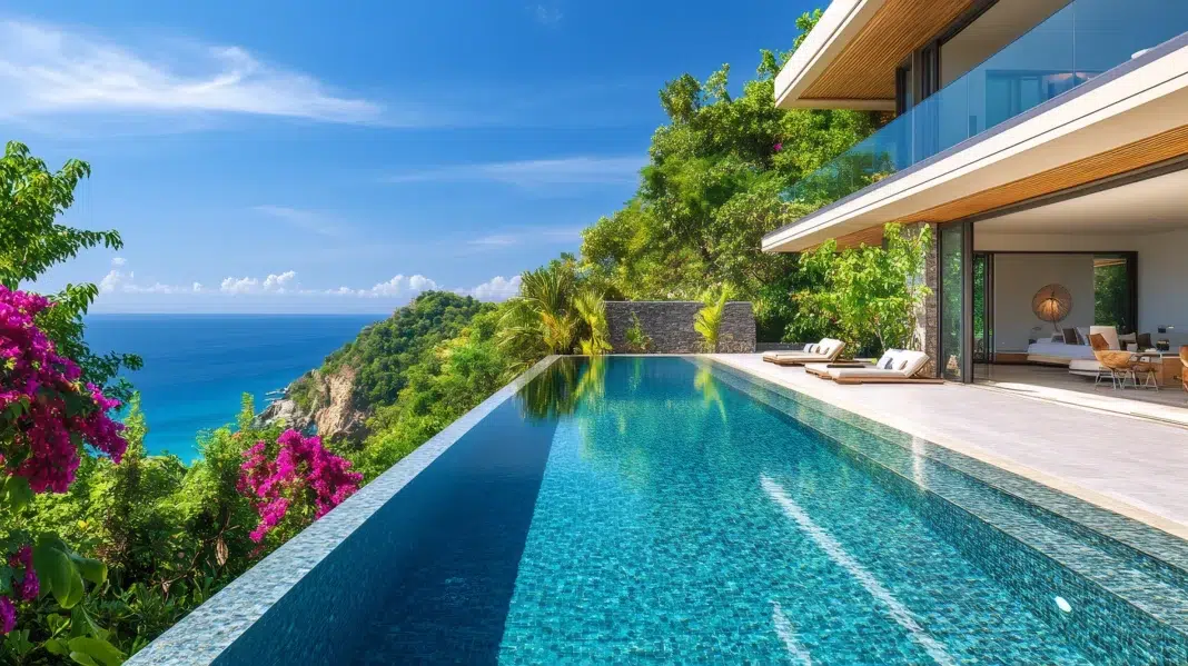 Infinity pool overlooking the ocean at a vacation rental. vecteezy-medium Infinity pool overlooking the ocean at a vacation rental. vecteezy-medium