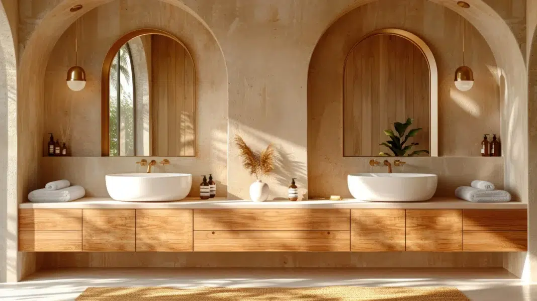 Beautiful Wooden Vanities in a bathroom. Vecteezy-medium Beautiful Wooden Vanities in a bathroom. Vecteezy-medium