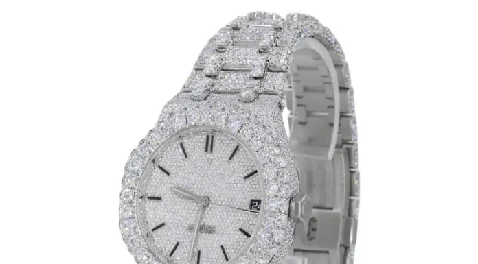 The Rise of Iced-Out Moissanite Watches in Hip-Hop Fashion Luminous Frost Studed Band Moissanite Diamond Watch. Source ivoryebony dot co