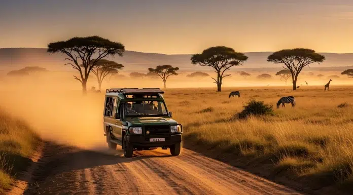Tanzania Safari Experience: Behind the Scenes of Africa’s Untamed Beauty Safari vehicle on the road in Tanzania. Vecteezy-medium