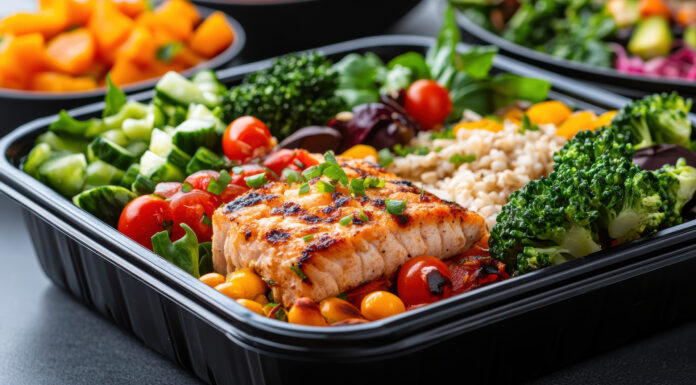 How Subscribing to a Health-Focused Meal Delivery Plan Helps Busy Professionals Save Time Grilled salmon meal prep with broccoli, brown rice, cherry tomato and mixed greens