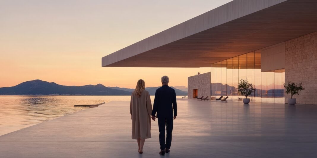 A man and woman walk hand in hand on a terrace towards a modern house at sunset. The building features a sleek, minimalist design with large windows and clean lines, the color palette is soft and warm. The landscape includes water and distant mountains, creating a tranquil scene. This image could illustrate themes of retirement, lifestyle, travel, or real estate, suitable for use in advertising or editorial contexts where a sense of luxury and serenity is desired.