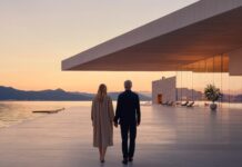 The Luxury of Certainty: Why Predictable Experiences Are Becoming More Valuable A man and woman walk hand in hand on a terrace towards a modern house at sunset. The building features a sleek, minimalist design with large windows and clean lines, the color palette is soft and warm. The landscape includes water and distant mountains, creating a tranquil scene. This image could illustrate themes of retirement, lifestyle, travel, or real estate, suitable for use in advertising or editorial contexts where a sense of luxury and serenity is desired.