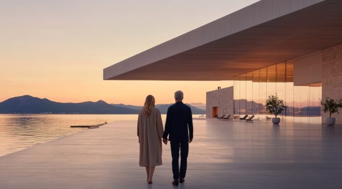 The Luxury of Certainty: Why Predictable Experiences Are Becoming More Valuable A man and woman walk hand in hand on a terrace towards a modern house at sunset. The building features a sleek, minimalist design with large windows and clean lines, the color palette is soft and warm. The landscape includes water and distant mountains, creating a tranquil scene. This image could illustrate themes of retirement, lifestyle, travel, or real estate, suitable for use in advertising or editorial contexts where a sense of luxury and serenity is desired.