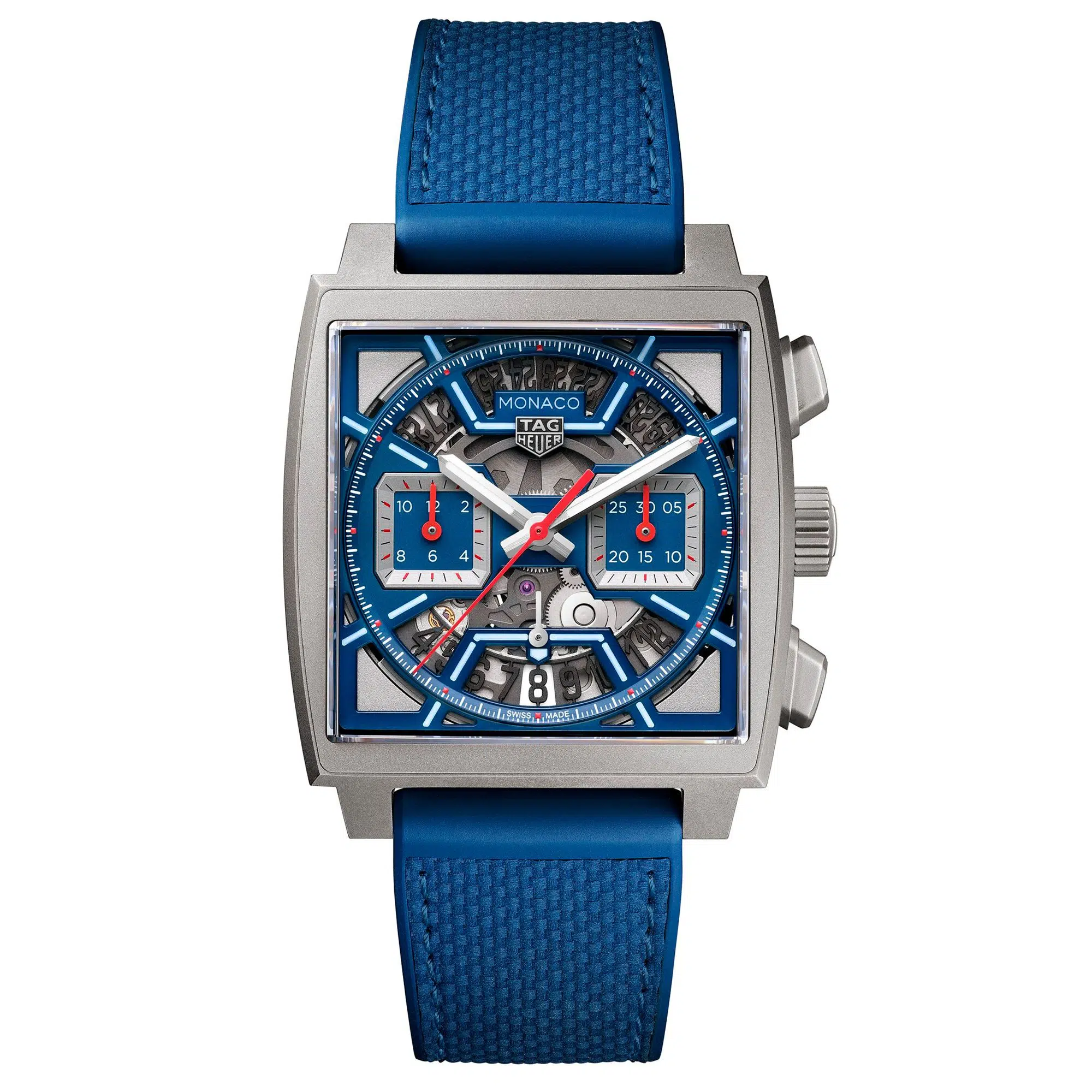 Tag Heuer Monaco Chronograph Skeleton Caliber Heuer automatic titanium and blue watch Tag Heuer Monaco Chronograph Skeleton Caliber Heuer automatic titanium and blue watch