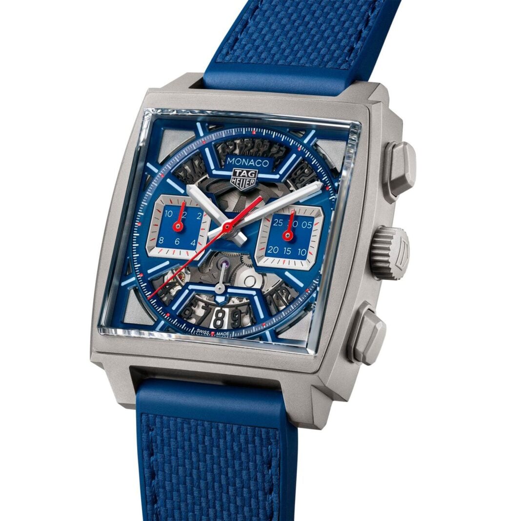 Tag Heuer Monaco Chronograph Skeleton Caliber Heuer automatic titanium and blue watch Tag Heuer Monaco Chronograph Skeleton Caliber Heuer automatic titanium and blue watch